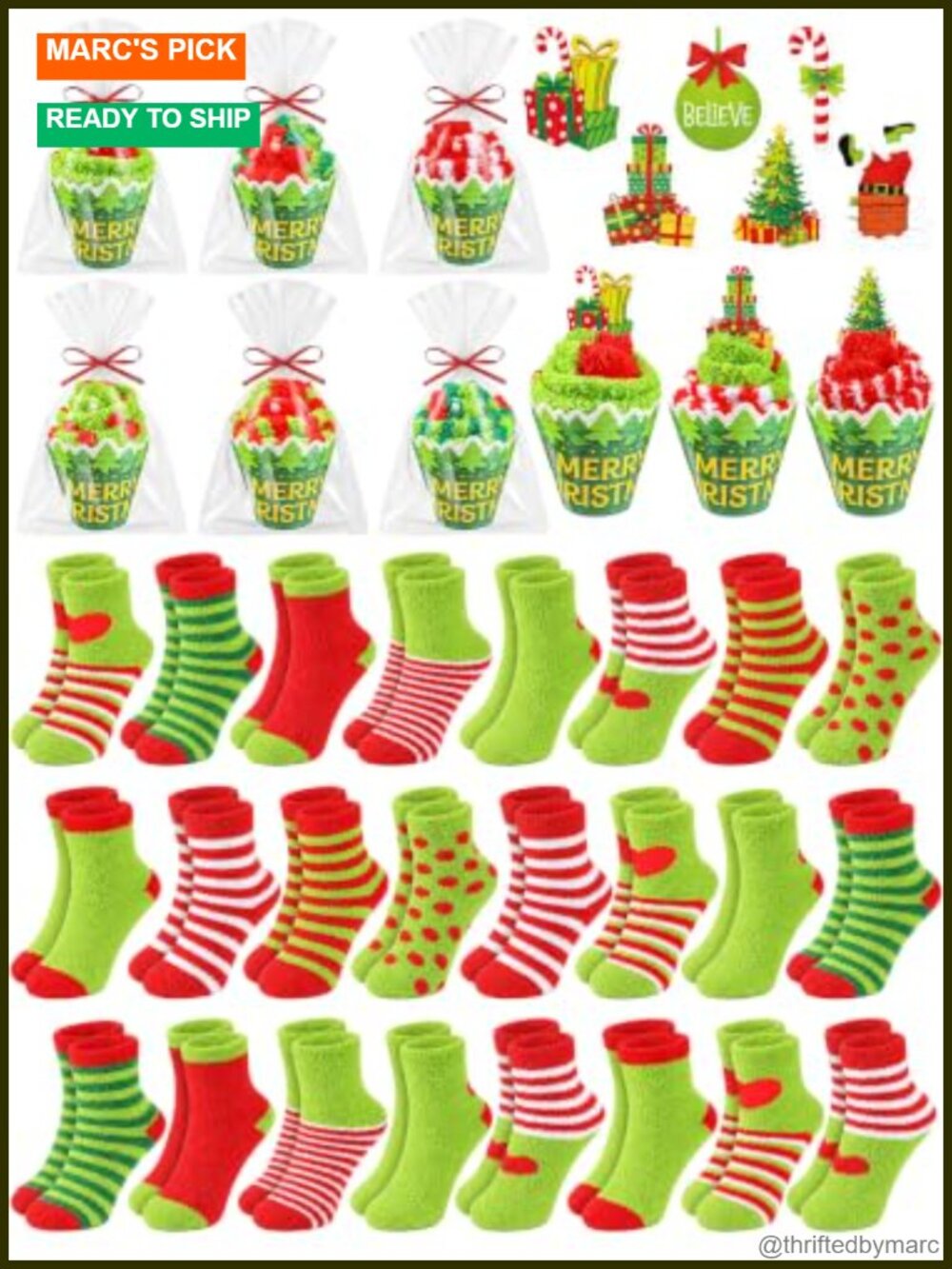 Newcotte 24 Set Christmas Cupcake Fuzzy Socks DIY Stocking Gift Kit